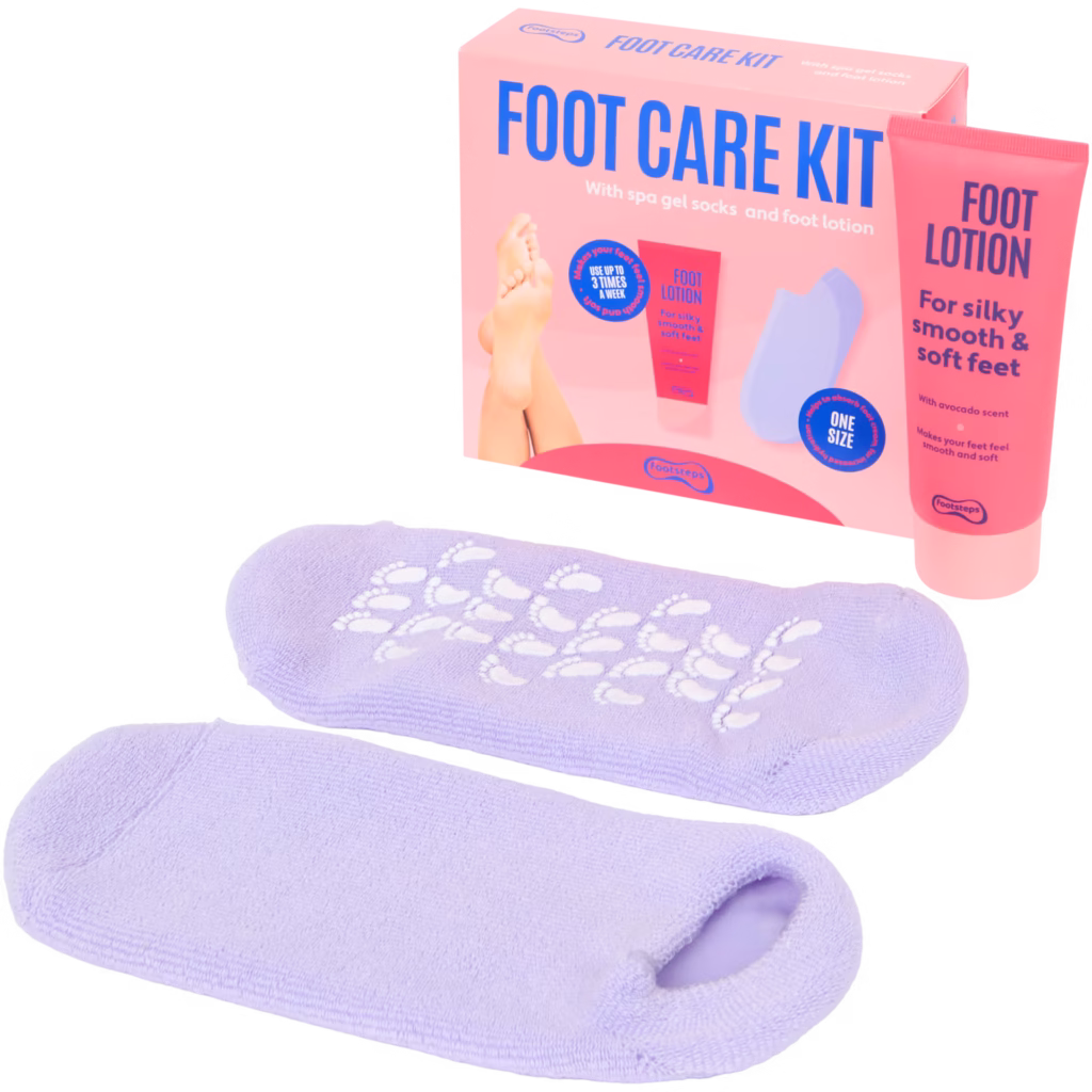 Footsteps – Kit de soins des pieds (3 pièces) + Chaussettes Spa-Gel (Taille unique)