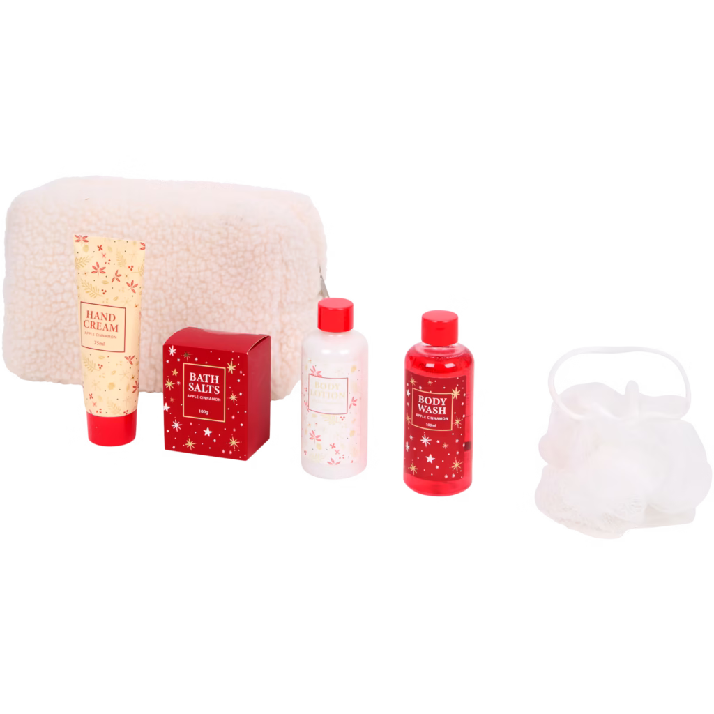 Trousse de toilette Teddy + Kit Bain (6 pièces) — Parfum Pomme & Cannelle